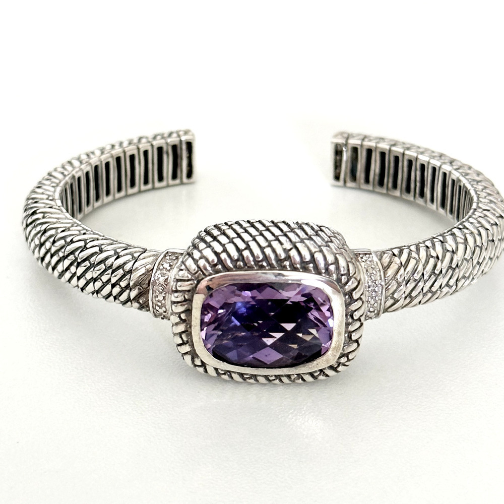 925 Sterling Silver Genuine Faceted Amethyst Cuff Bracelet